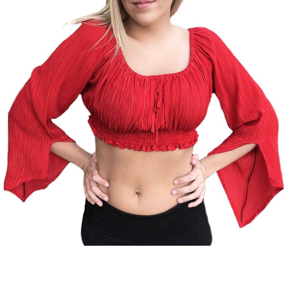 Vibrant Red Crop Top with Bell Sleeves and Ruched Tie Front
